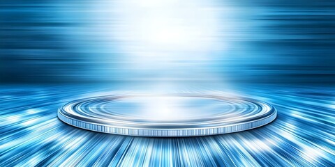 A futuristic platform illuminated by a bright light, surrounded by dynamic blue rays, suggesting a sci-fi or advanced technology theme. Concept Futuristic Platform Design, Sci-Fi Aesthetics