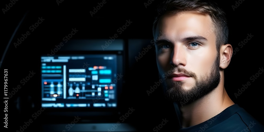 Poster a man with a beard and blue eyes stands in a dimly lit environment, with a high-tech screen displayi