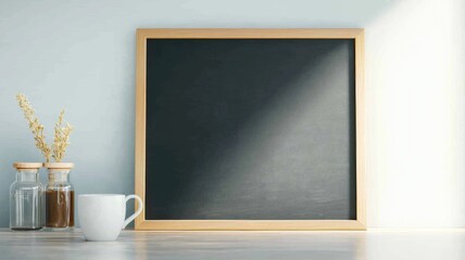 Artistic coffee moments relaxing kitchen scene with chalkboard and mug bright minimalist setting