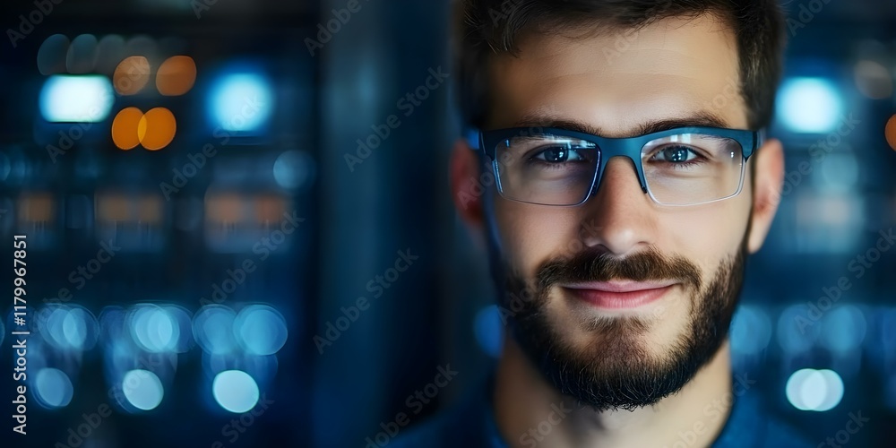 Poster a smiling man with glasses and a beard stands in front of blurred lights, suggesting a tech or data 
