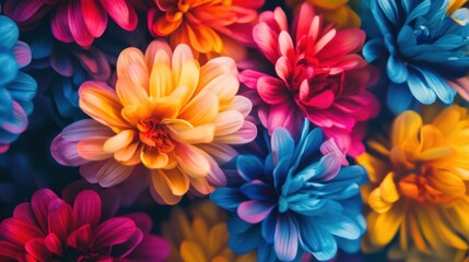 Vibrant Floral Arrangement Featuring Colorful Petals in Shades of Pink, Blue, Yellow, and Orange, Creating a Beautiful and Lively Background for Any Design Project