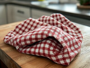 Close-up of a folded red and white checkered kitchen towel on a wooden surface.