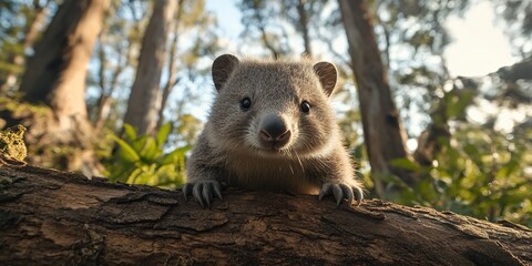 Obraz premium Adorable Quokka Baby Peeking from Log in Sunny Forest