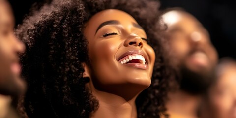 A joyful individual with curly hair smiles brightly, surrounded by blurred figures, conveying a sense of happiness and camaraderie. Concept Portrait Photography, Curly Hair Celebration