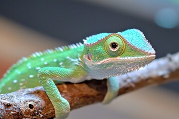Obraz premium Captivating green chameleon climbing a branch in a natural habitat close-up photography serene environment