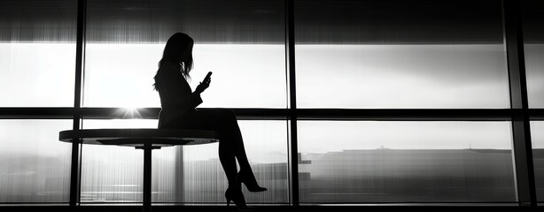 Silhouette of a businesswoman engrossed in her phone, exuding focus and determination.