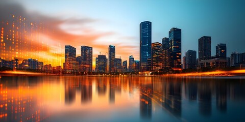 Fototapeta premium A city skyline at sunset, featuring tall buildings reflected in water, with a colorful sky and light trails visible. Concept City Skyline Photography, Sunset Reflections, Urban Landscape