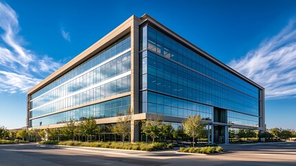 Fototapeta premium Modern Glass Office Building Under Blue Sky