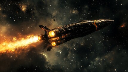 Naklejka premium Fiery Spaceship Soaring Through Cosmic Nebula