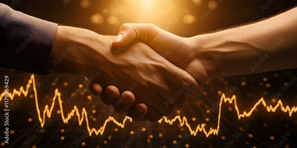 Poster a handshake between two individuals with a glowing background featuring a financial graph or data tr