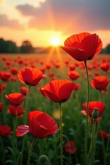 Obraz premium Vibrant poppies sway in the breeze as warm sunset hues wash over them, flowers, yellow, orange