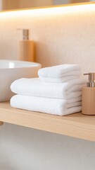 Stacked white towels on wooden shelf in minimalist bathroom setting with soap dispensers