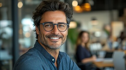 Fototapeta premium Smiling middle-aged Hispanic man in glasses at a modern office setting.