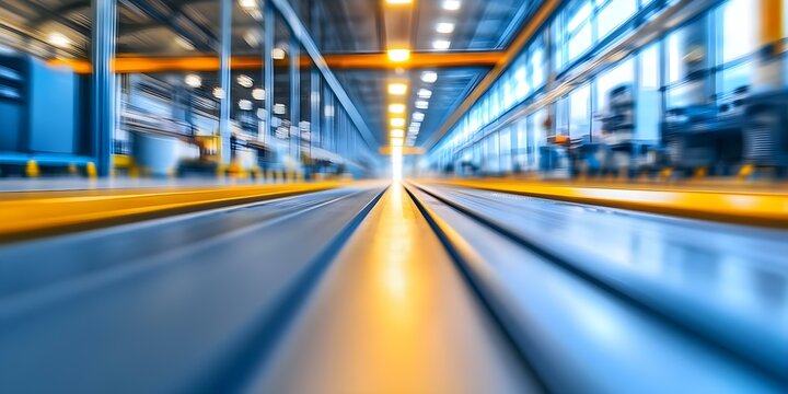 A blurred perspective of parallel lines on a track, leading into a well-lit industrial space with machinery in the background. Concept Blurred Perspective, Parallel Lines, Industrial Space