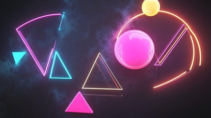 Fototapeta premium Abstract Neon Shapes and Glowing Spheres in Space