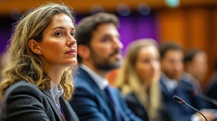 Obraz premium Focused woman in a business meeting, surrounded by colleagues, engaged in discussion.