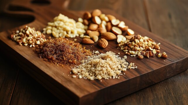 wooden platter holding a variety of nuts--almonds, walnuts, and hazelnuts--crushed and mixed with brown sugar for an exfoliating body polish