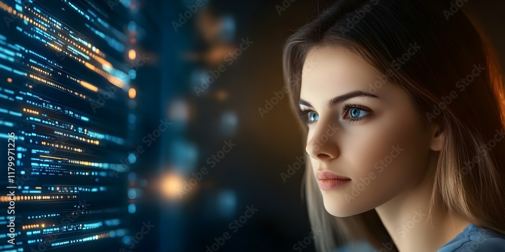 Poster a young woman gazes thoughtfully at a digital interface filled with glowing data and code. concept d