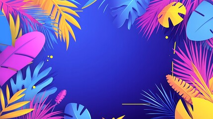 Obraz premium Vibrant Tropical Leaves Frame Blue Background