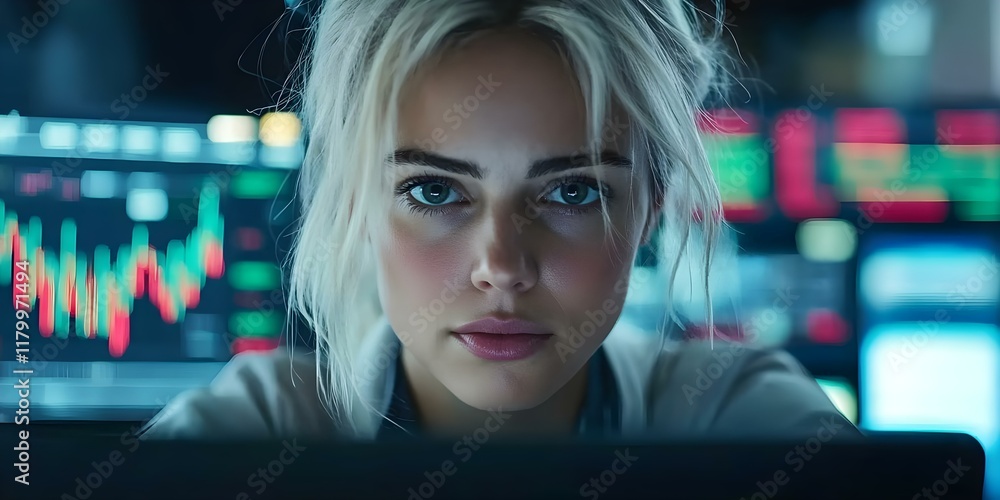 Aufkleber a focused individual with light hair is seated in front of multiple screens displaying financial cha