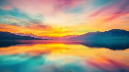 Fototapeta premium Serene Sunset: Vibrant Lake Reflects Colorful Mountains