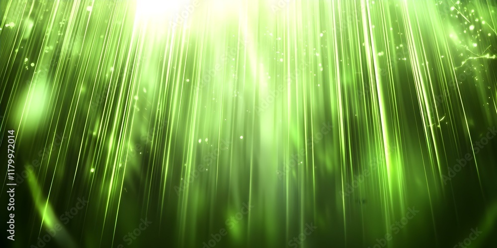 Poster a vibrant, abstract background featuring vertical green light rays and glowing particles, creating a