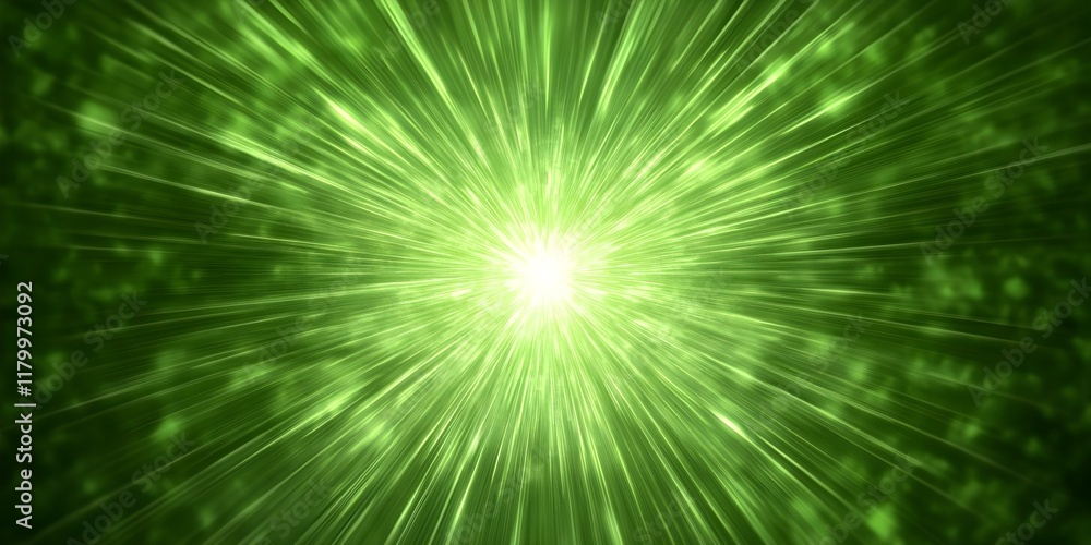 Poster a bright green explosion or burst of light radiating from a central point, creating a dynamic and vi