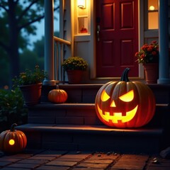Carved jack o lantern pumpkin aglow on porch steps under moonlight, spooky night, autumn decor, outdoor lighting
