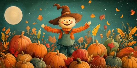 Fototapeta premium Happy Scarecrow Amidst Autumn Pumpkins Under Night Sky