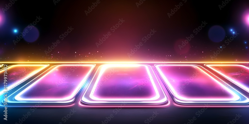 Aufkleber a futuristic scene featuring glowing, neon-lit rectangular objects arranged in a row against a vibra