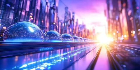 A futuristic cityscape with glowing orbs and vibrant colors, showcasing advanced technology and a mesmerizing sunset. Concept Futuristic Cityscape, Glowing Orbs, Vibrant Colors, Advanced Technology