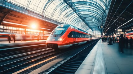 A modern high-speed train pulling into a futuristic station, with passengers waiting on the platform under a glass roof.