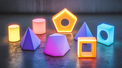 Illuminated Geometric Shapes Arranged on Dark Surface