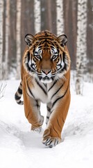 Obraz premium Majestic Siberian Tiger Walking Through Snowy Forest Winter Wonderland