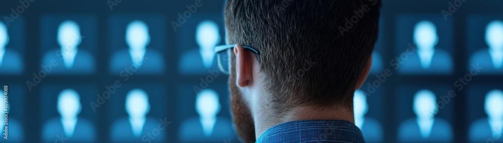 Poster a person with glasses observes multiple digital screens displaying identical faces in a darkened env