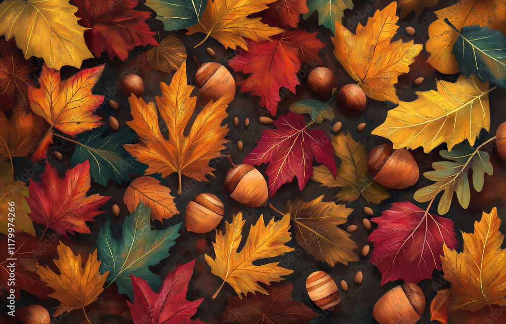 Poster a close-up of colorful autumn leaves and acorns scattered on the ground, creating an enchanting fall