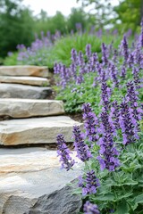Obraz premium Serene Garden Pathway Stone Steps Lavender Flowers Tranquil Nature