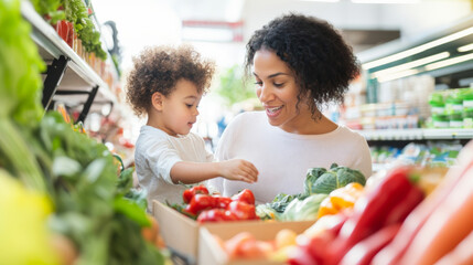Naklejka premium Mother and child shopping for fresh produce at grocery store, family lifestyle