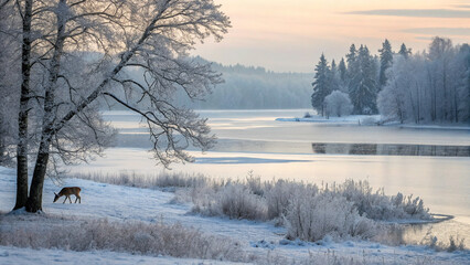 A serene winter scene with a deer near water in a snowy landscape. Trees covered in snow, pink-orange sky, creating a peaceful setting.