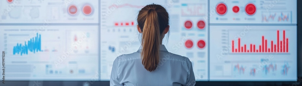 Poster a woman analyzes data displayed on multiple screens, showcasing various graphs and statistics in a m