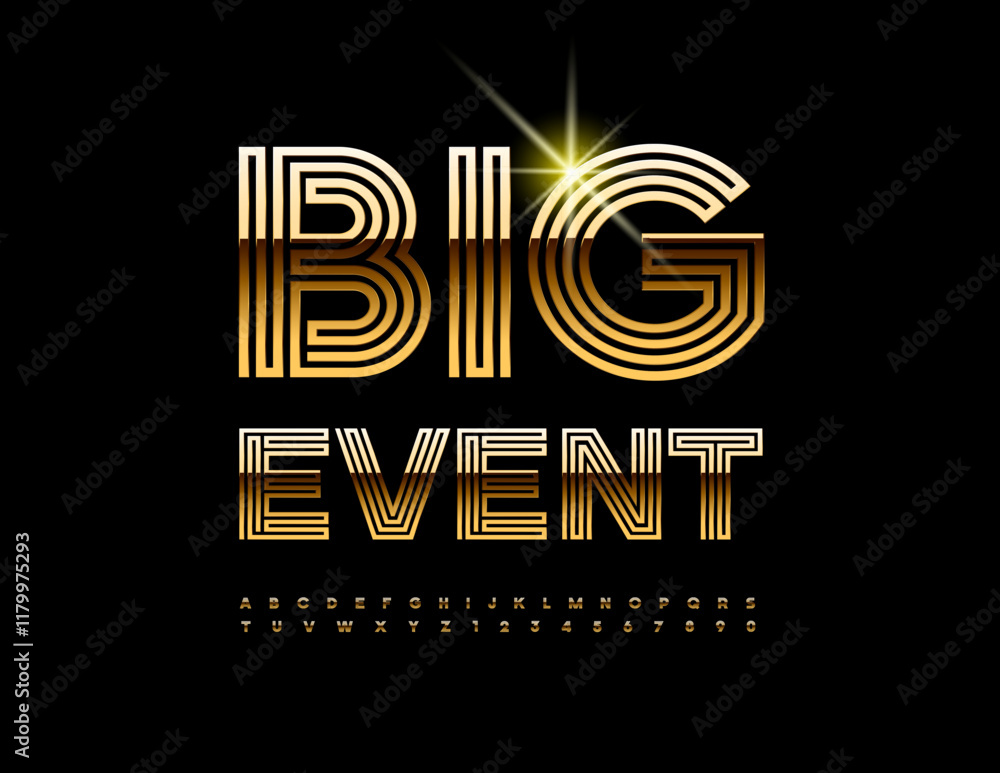 Poster vector flyer template big event. gold unique font maze style set of elite alphabet letters and numbe