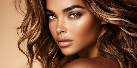 Fototapeta premium A close-up portrait of a person with wavy brown hair and striking green eyes, showcasing a smooth, radiant complexion. Concept Close-Up Portrait, Wavy Brown Hair, Striking Green Eyes
