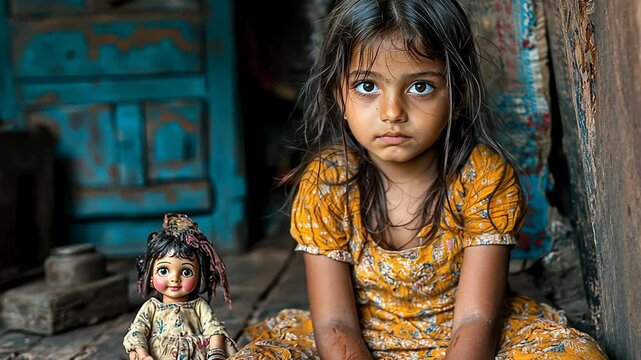 A young girl sits on the wooden floor of her modest home, staring thoughtfully ahead. Beside her rests an old doll, symbolizing innocence amidst life's challenges.