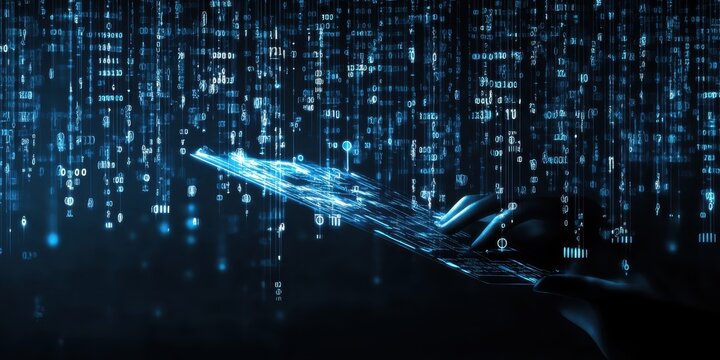 Digital technology, binary code stream, glowing blue data, futuristic interface, abstract cyber landscape, information flow, network connections, technological background, digital transformation, data