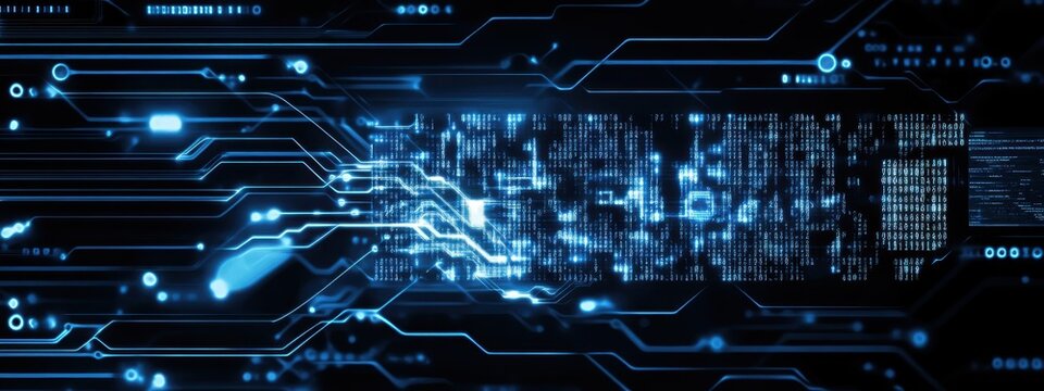 Digital technology, binary code stream, glowing blue data, futuristic interface, abstract cyber landscape, information flow, network connections, technological background, digital transformation, data