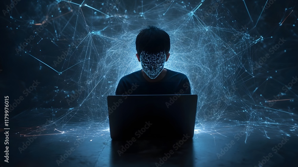 Poster child using laptop within digital network web