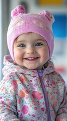 Adorable Baby Girl Smiling in Pink Winter Hat and Floral Jacket