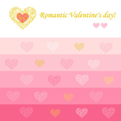 Vector romantic tender card for Valentine's Day with the inscription, patterned hearts of gold color, and different shades of pink on a background of stripes forming a pink gradient.