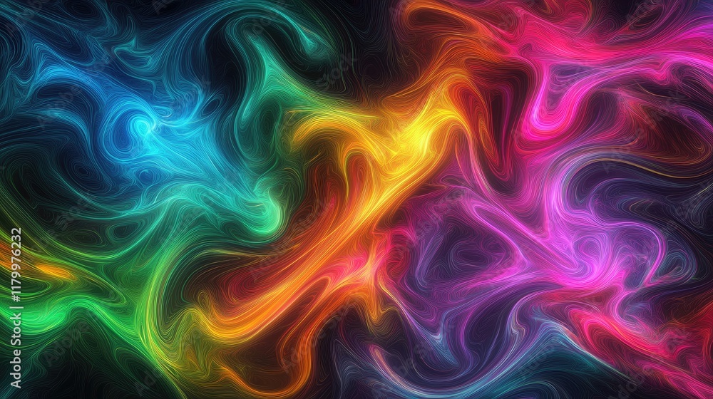 Poster a vibrant abstract background with swirling neon colors and smooth gradients, creating a dynamic and