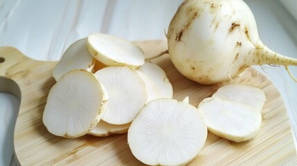 Sliced white radish on a wooden cutting board.